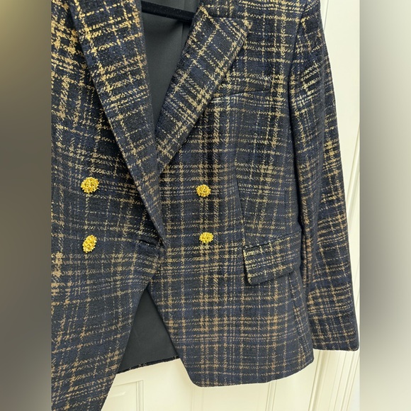 Elie Tahari Jezebel Metallic Double Breasted Tweed Blazer in Black / Gold Sz 10 - Picture 13 of 14